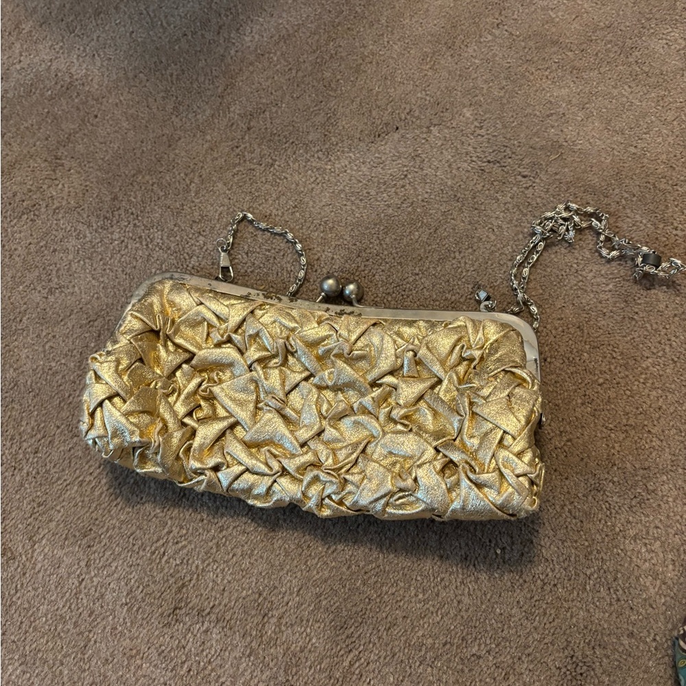 Gold Ruffled Evening Clutch with Chain Strap